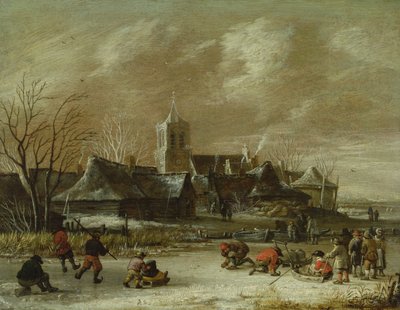 Stadt im Winter mit Schlittschuhläufern von Salomon Rombouts